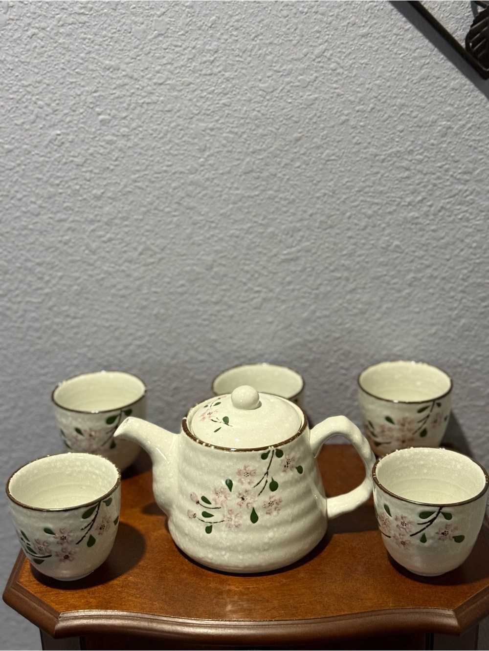 Ceramic Floral Teapot Set - White with Pink Blossoms